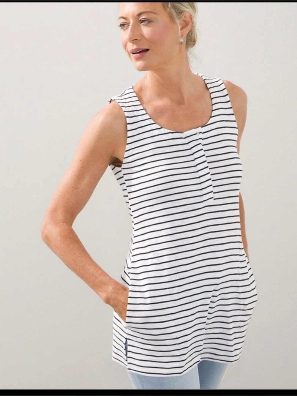 Chico's White and Black Striped Scoop Neck Pocket Tunic Tank 2= 12/14